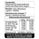 Tabla de la Vitamina D3 líquida: porción de 40 gotas, 5 porciones y 60.000 UI de vitamina D3