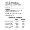 Tabla del Reishi: 100% hongo Ganoderma lucidum, porción de 2 cápsulas y 30 porciones