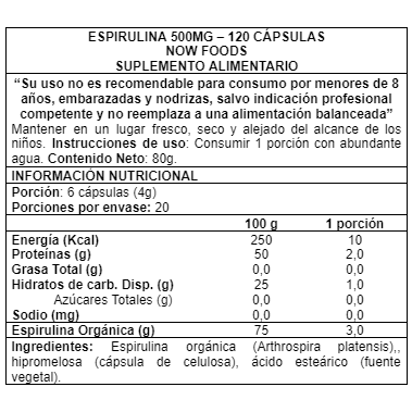 Spirulina Super Green 500mg 120 Cápsulas Vegetales - Now