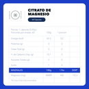 Tabla de información nutricional del Citrato de Magnesio 400mg 60 cápsulas de Karün Life