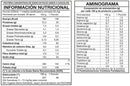 Tabla del Whey Protein Premium Line chocolate: medida de 34,4 g, 26 porciones, 136 kcal y 25 g de proteína, con aminograma
