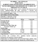 Tabla del Tri-Amino: 2 cápsulas de 2,23 g, 60 porciones, 550 mg de L-arginina, 450 de lisina y 400 de ornitina