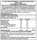 Tabla de la Vitamina E 400: 1 cápsula blanda de 0,6 g, 100 porciones y 268 mg de vitamina E (1340%)