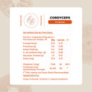 Tabla del Cordyceps: porción de 2 cápsulas, 30 porciones, 760 mg de cordyceps y 60 mg de vitamina C