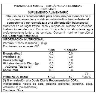 Vitamina D3 Extra Strength 2000 UI 50 mcg 600 Softgels- Kirkland