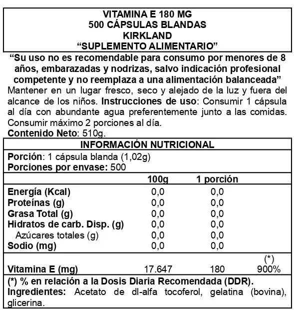 Vitamina E 180mg 400IU 500 Softgels - Kirkland Signature